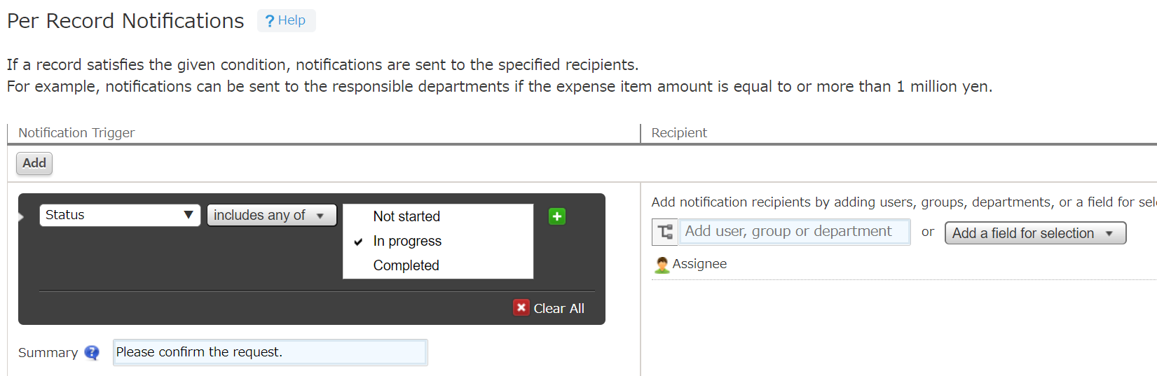 Captura de pantalla: la configuración Notificaciones por registro en Ajustes app