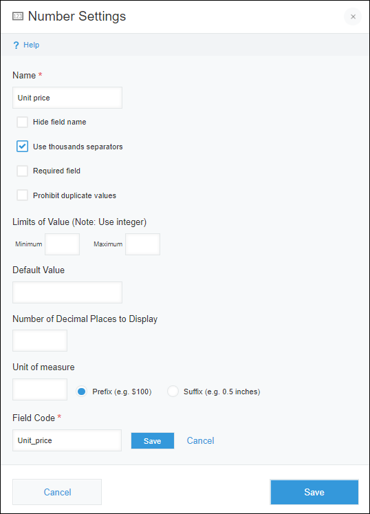 Screenshot: "Number" field settings