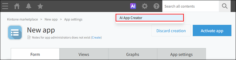 Screenshot: The "AI App Creator" menu option is highlighted