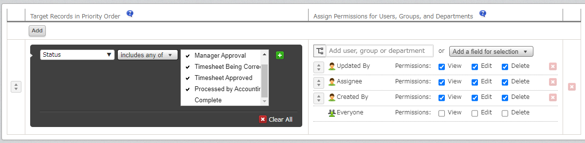 Screenshot: An example setting where permission is set for "Created by," "Assignee," and "Updated by" users