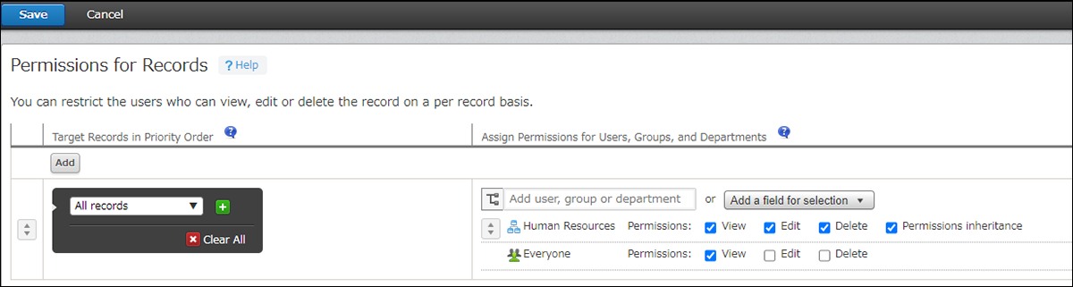 Screenshot: the screen where the Permissions for Records setting is configured in accordance with the table below