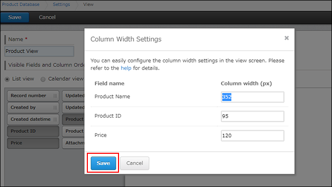 The "Save" button on the "Column Width Settings" dialog