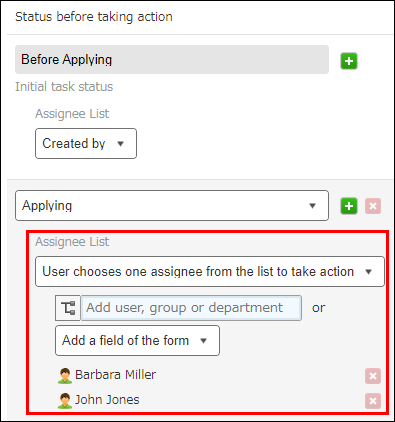 Screenshot: The location of the setting option to specify users and/or departments as assignees