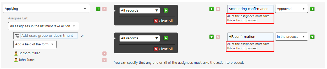 Screenshot: Multiple actions that must be performed by all the assignees are added on the screen