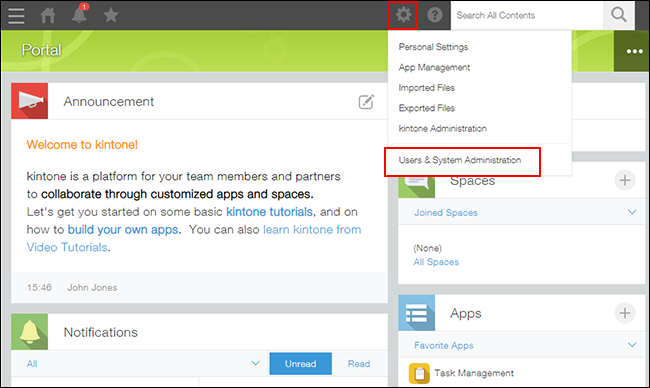 Screenshot: "Users & System Administration" in the Settings menu is highlighted