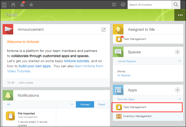 Screenshot: The "Task Management" app on Portal is highlighted