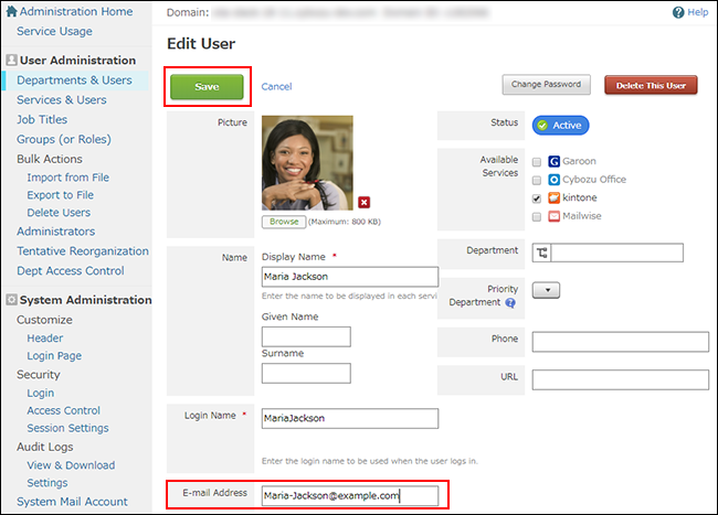 Screenshot: The e-mail address input field and the "Save" button is highlighted on the "Edit User" screen