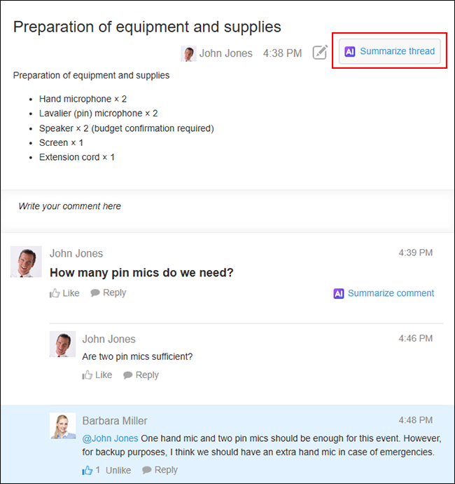 Screenshot: The AI Thread Summary feature being used
