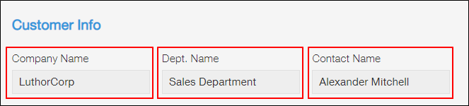 Screenshot: Example of using "Text" fields to enter a company name, department name, and contact name