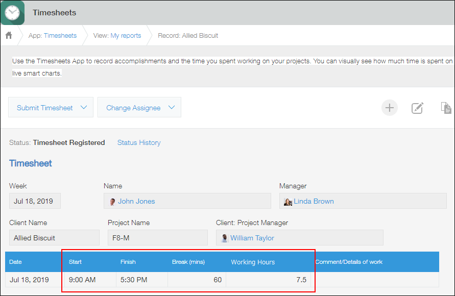 Screenshot: An example of "Time" fields being used for entering a start time, finish time, and break length.