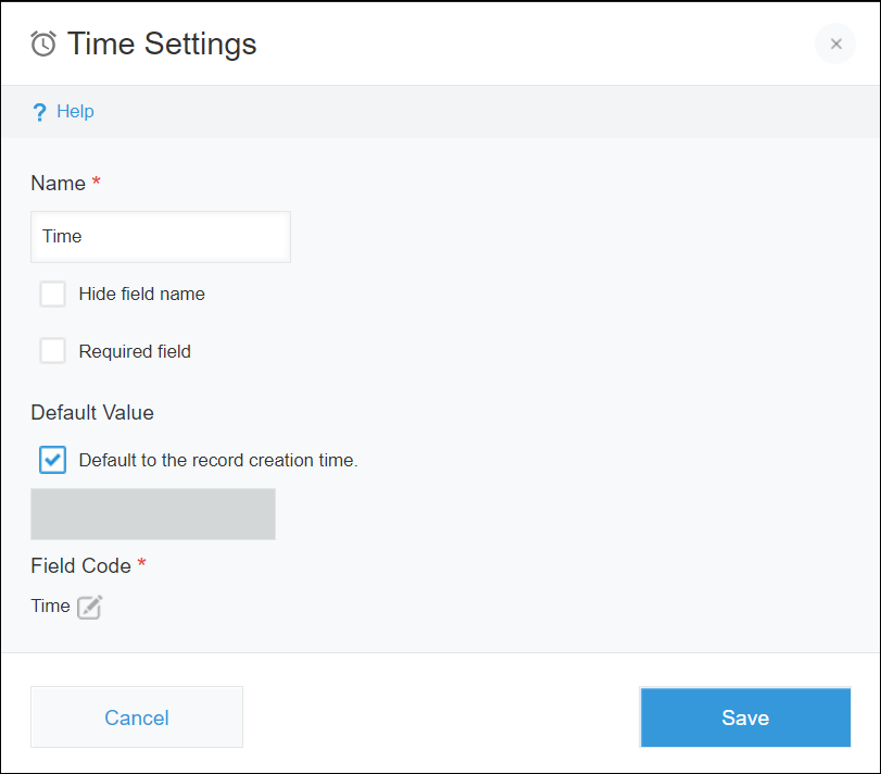 Pantalla de configuración para el campo de hora