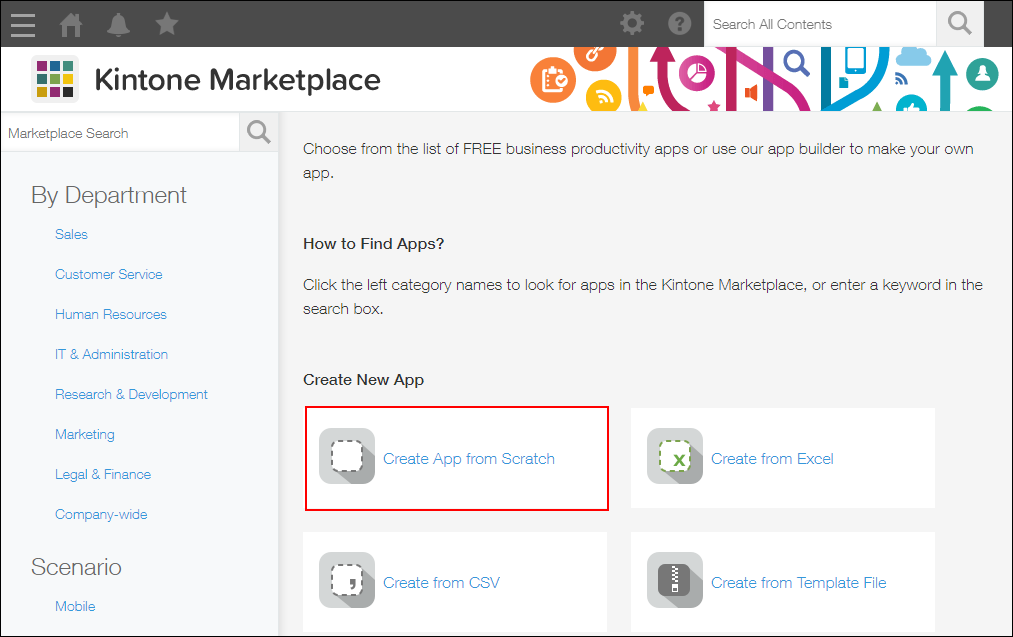 Screenshot: The "Create App from Scratch" button on the "Kintone Marketplace" screen