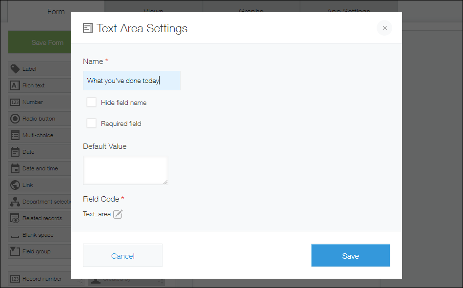 Screenshot: The setting dialog for the "Text area" field