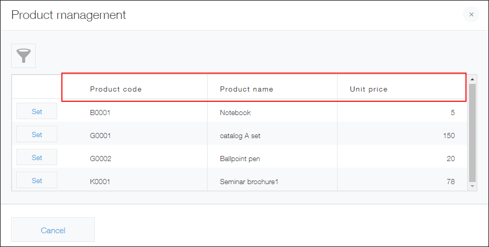 Captura de pantalla: el cuadro de diálogo del selector de registros para la aplicación de gestión de productos
