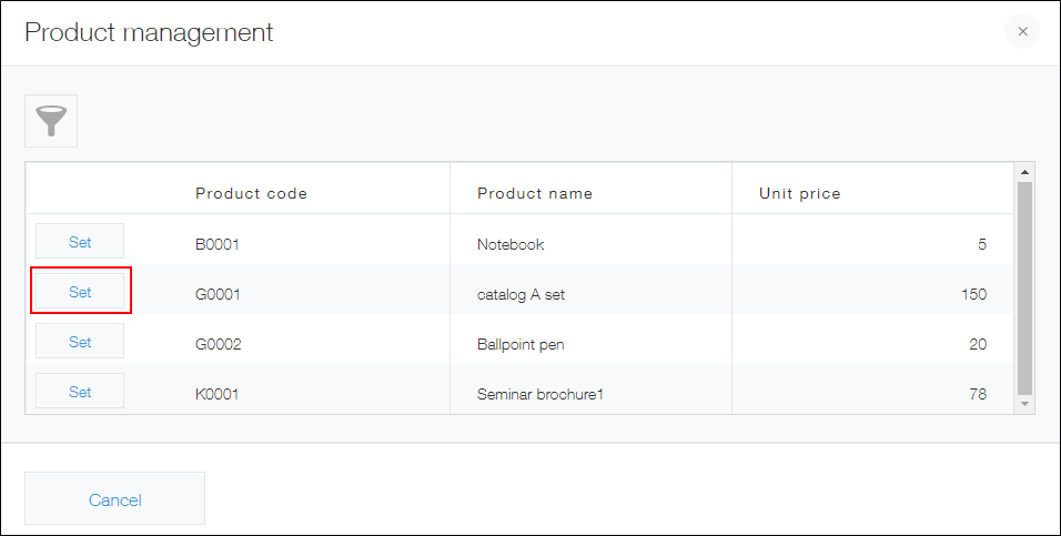 Captura de pantalla: "Establecer" en el cuadro de diálogo del selector de registros para la aplicación de administración de productos está resaltado