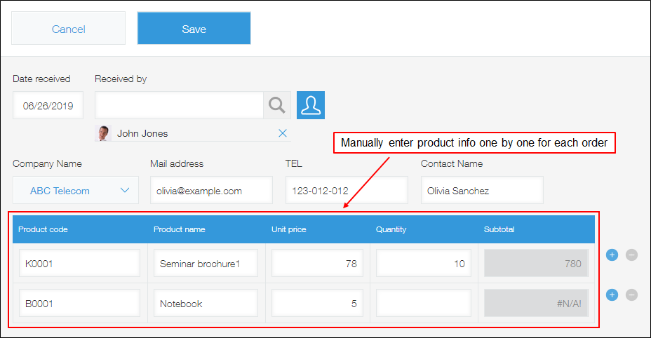 Image: Information on products is entered one by one for each order