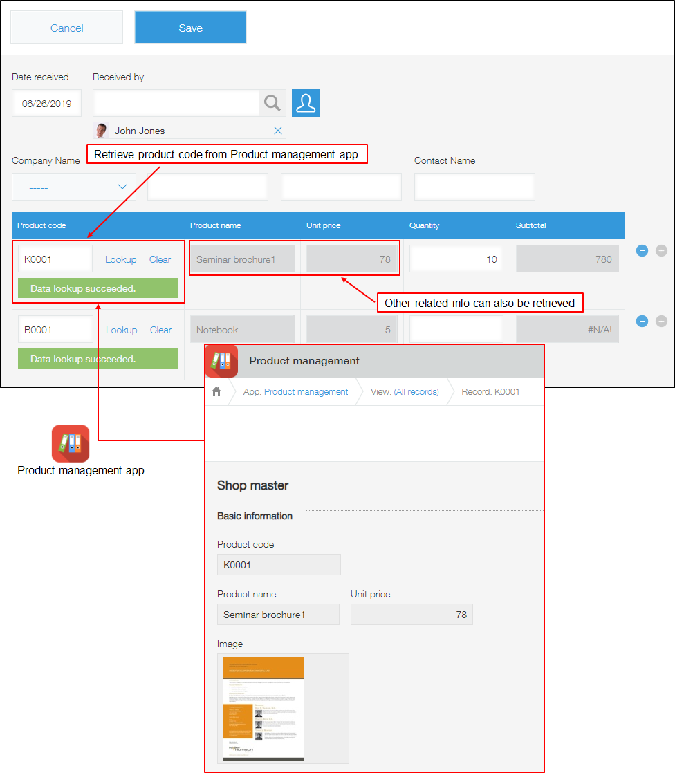 Image of using lookup to retrieve data from product management app to order management app