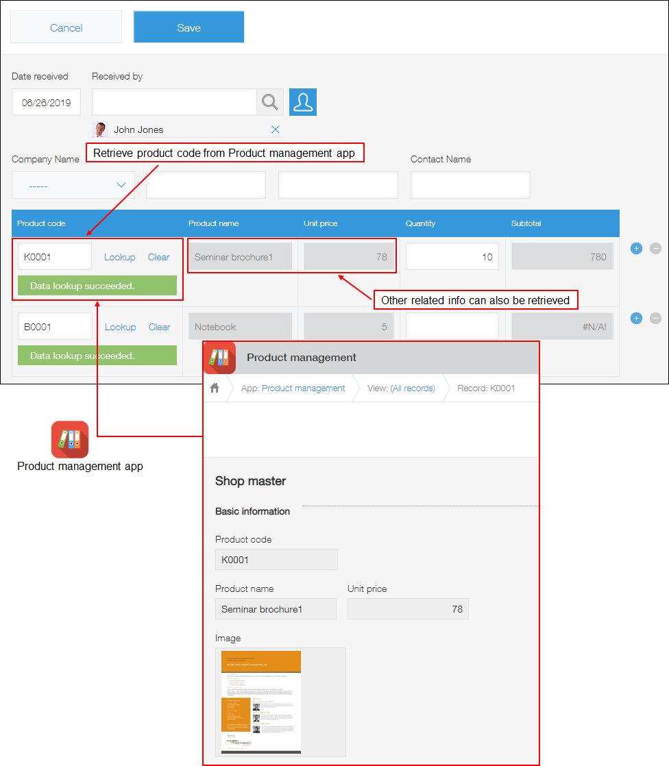 Image: Using the Lookup feature to retrieve data from the "Product management" app and input it in the "Order Management" app