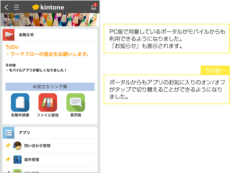 PC版で用意しているポータルがモバイルからも利用できるようなりました。「お知らせ」も表示されます。