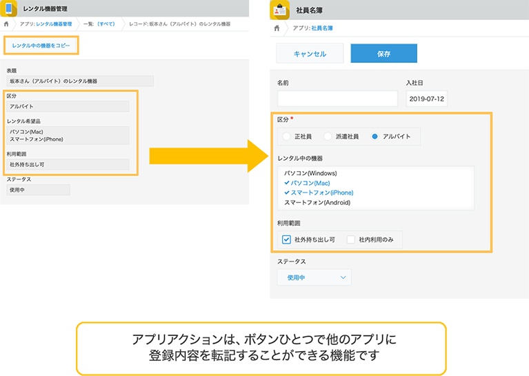 アプリアクションは、ボタンひとつで他のアプリに登録内容を転記することができる機能です