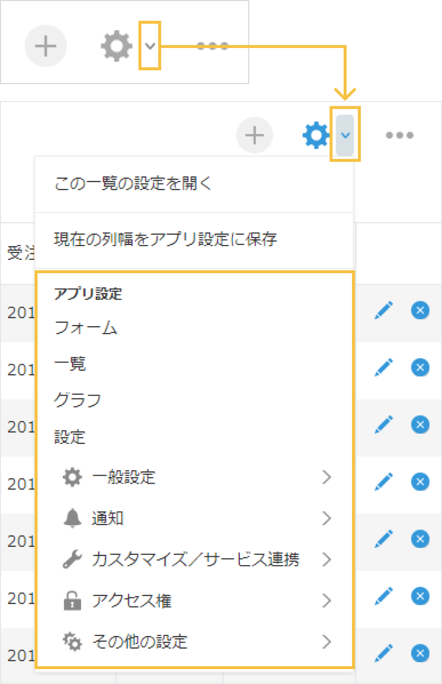 歯車ボタンの横にあるv字ボタンをクリックすると、各設定項目へのショートカットが表示されている画像。
