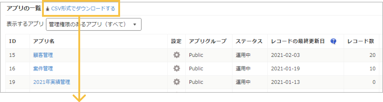 アプリ管理画面のアプリ一覧にあるCSVダウンロードボタン