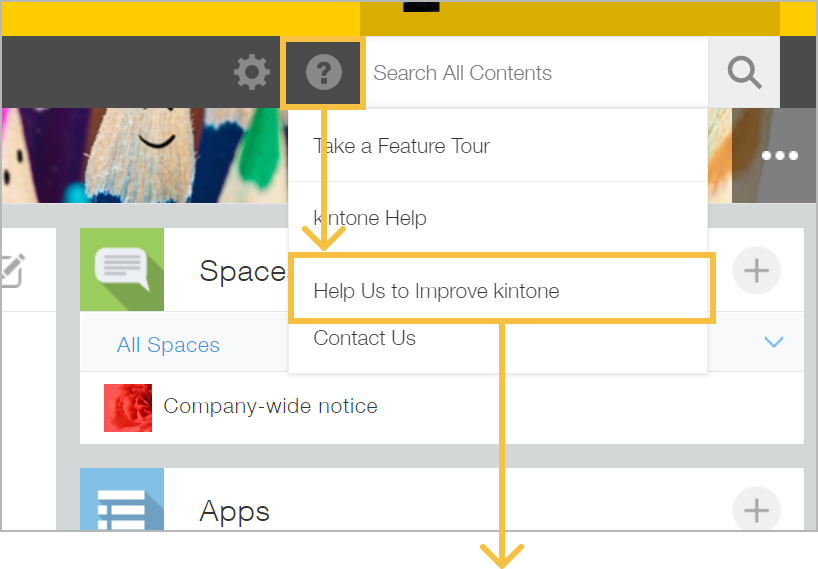 言語が英語に設定されているkintoneにてナビゲーションの「？」アイコンをクリックすると「Help Us to Improve kintone」が追加されている画像