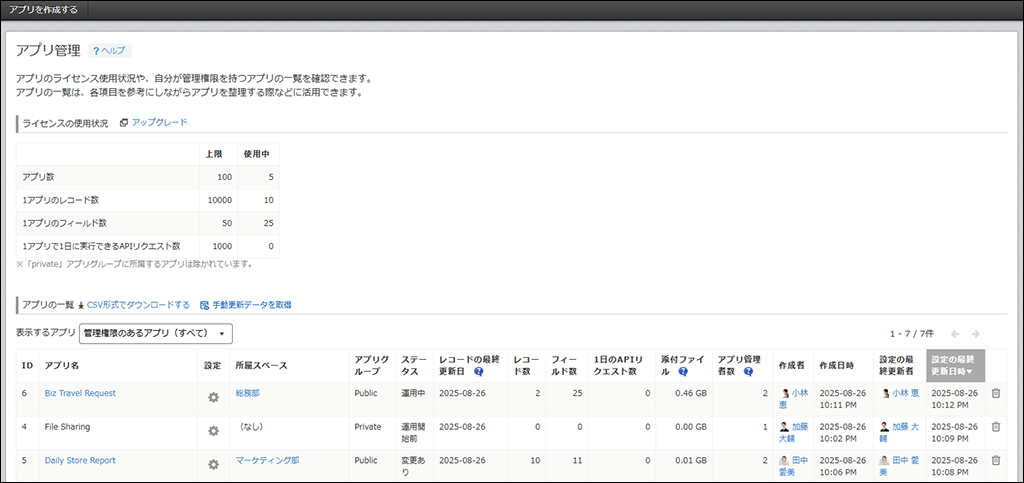 スクリーンショット：［アプリ管理］画面