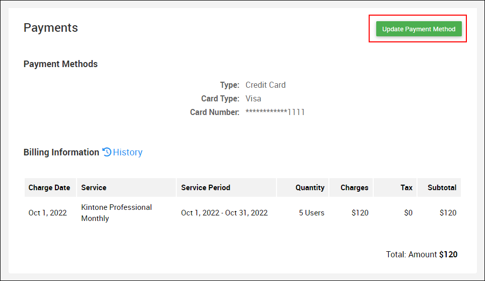 Screenshot: "Update Payment Method" is highlighted