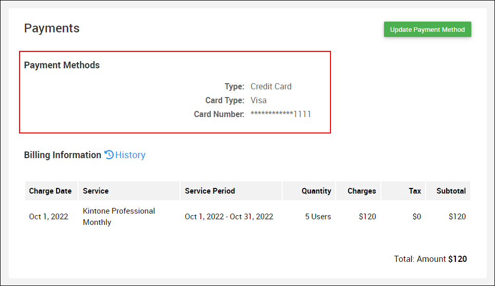 Screenshot: "Payment Methods" is highlighted