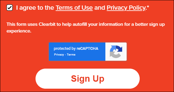 Screenshot: "I agree to the Terms of Use and Privacy Policy. " and "Sign Up" are displayed