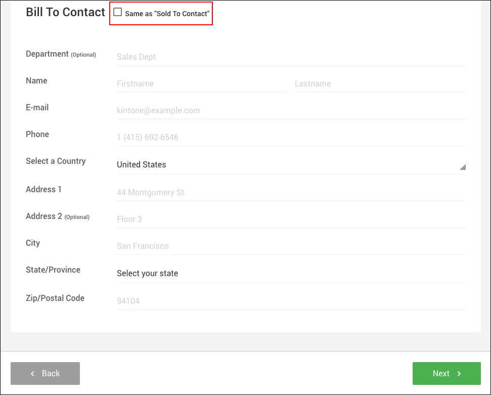 Screenshot: "Same as "Sold To Contact"" is deselected and the section to enter "Bill To Contact" is displayed