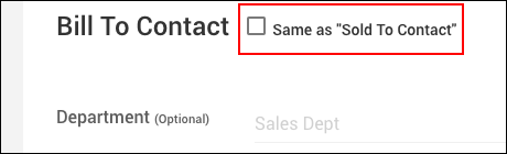 スクリーンショット：[Same as "Sold To Contact]の選択を外し、Bill To Contactを入力するセクションが表示されている